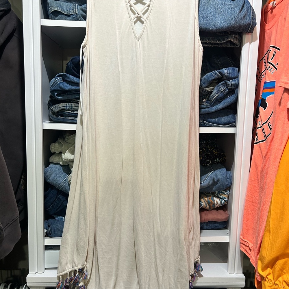 Cream Sleeveless Dress with Fringe